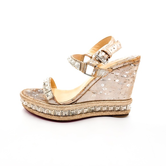 Christian Louboutin Silver Cork Platform Studded Espadrille Sandals Shoes EU 37 - Picture 3 of 10